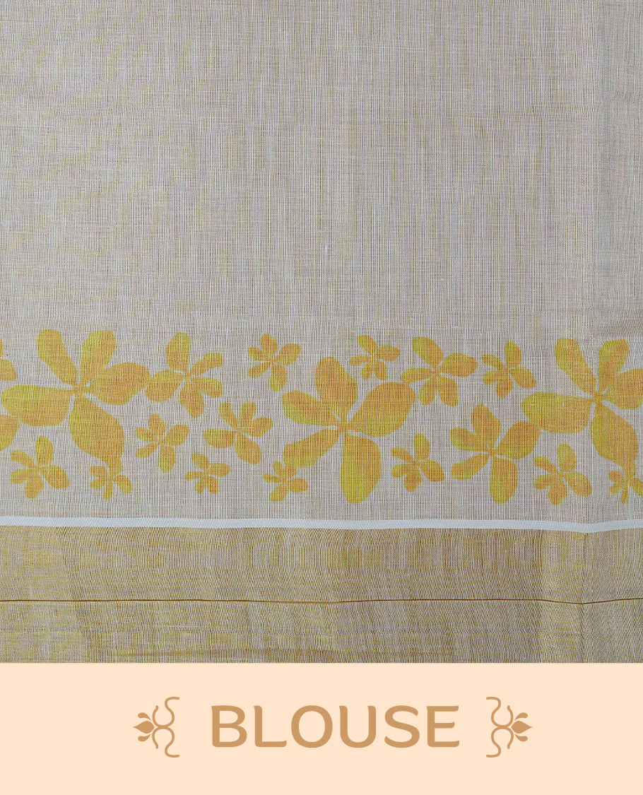 Cream Colour Tissue Kerala Saree Featuring Vibrant Digital Krishna & Radha Onam Theme Printed Pallu, Beautifully Enhanced With A Classic Gold Zari Border And Contrast Tassels. Paired With A Matching Blouse Piece.