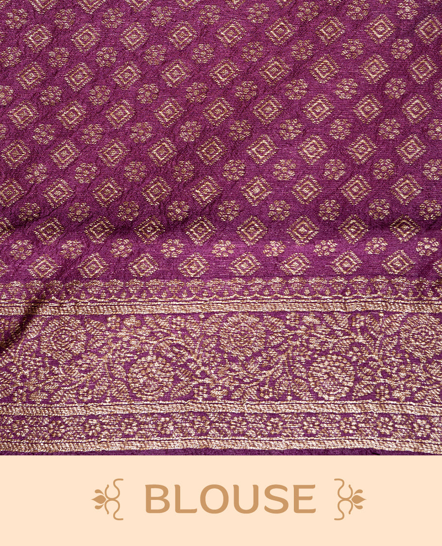 Deep Purple colour Semi banaras tussar georgette Saree featuring Antique zari motifs on body, enhanced with antique zari border, paired with a matching blouse piece.