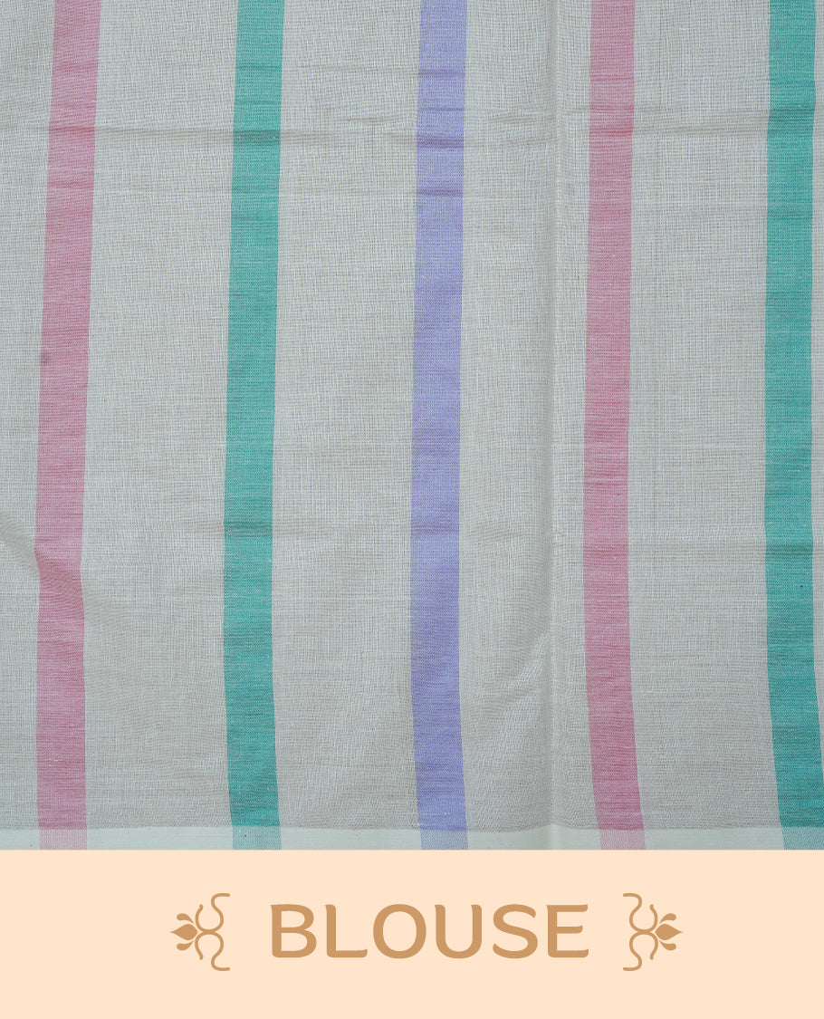 Cream colour Cotton kerala saree featuring Pink, green, purple colour stripes on body, Finished with tassels on Pallu, paired with matching blouse piece.