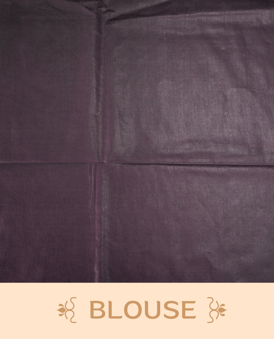 Grey brown colour semi jute saree featuring fine striped body work for a subtle texture, Accented with a geometric woven purple shaded pallu, sleek border, soft drape, and a matching blouse piece for a complete look.