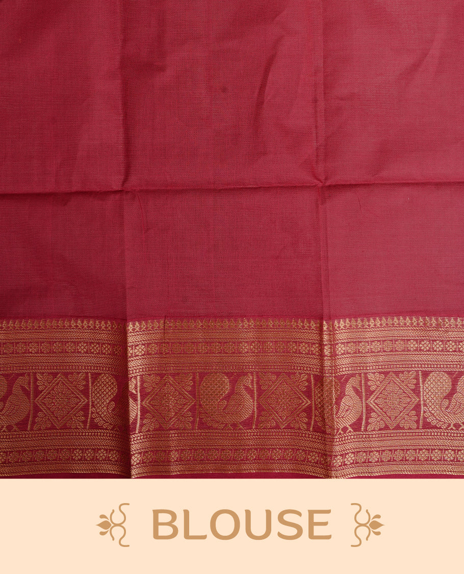 Red colour Chettinad cotton saree featuring Gold zari stripes on body, complemented by Self colour with Gold zari border, paired with matching blouse piece.