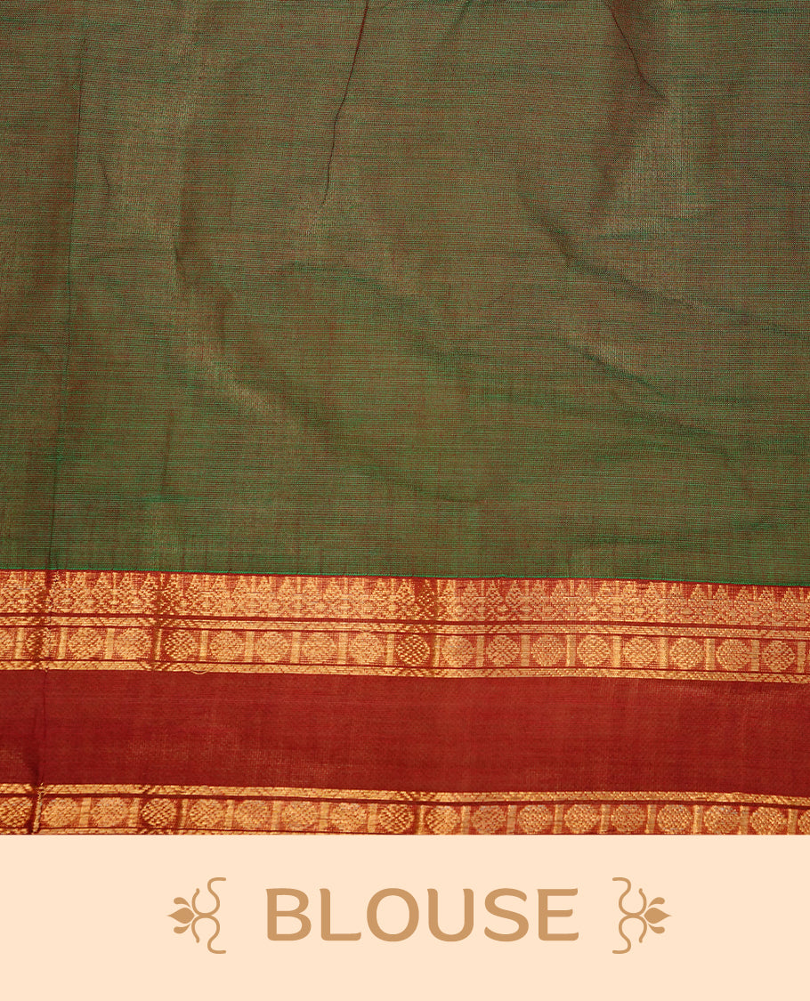 Green colour chettinad cotton saree featuring gold zari stripes on body, complemented by red colour with zari border, paired with matching blouse piece.