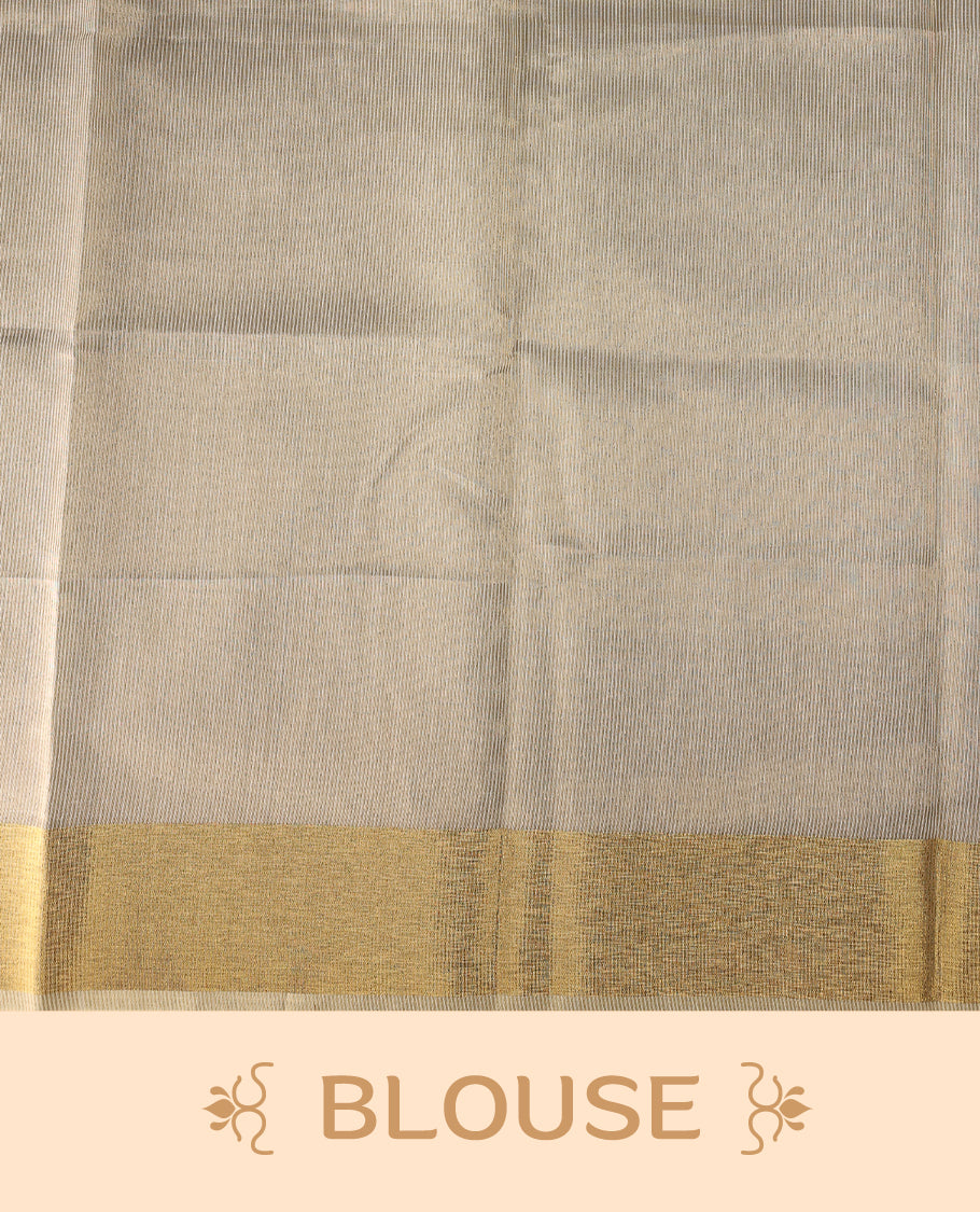 Classic off white colour Kerala saree adorned with a shimmering golden zari border and pallu, finished with elegant tassels. Perfect for festive or traditional occasions, and comes with a matching blouse piece.