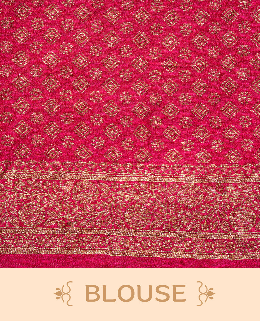 Magenta colour Semi banaras tussar georgette Saree featuring Antique zari motifs on body, enhanced with antique zari border, paired with a matching blouse piece.