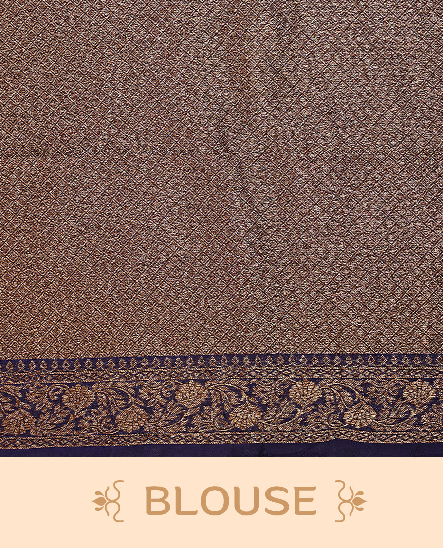 Navy blue semi Banaras tussar saree adorned with golden floral motifs in diagonal patterns across the body and a finely woven zari border, finished with a rich golden pallu, paired with a matching blouse.
