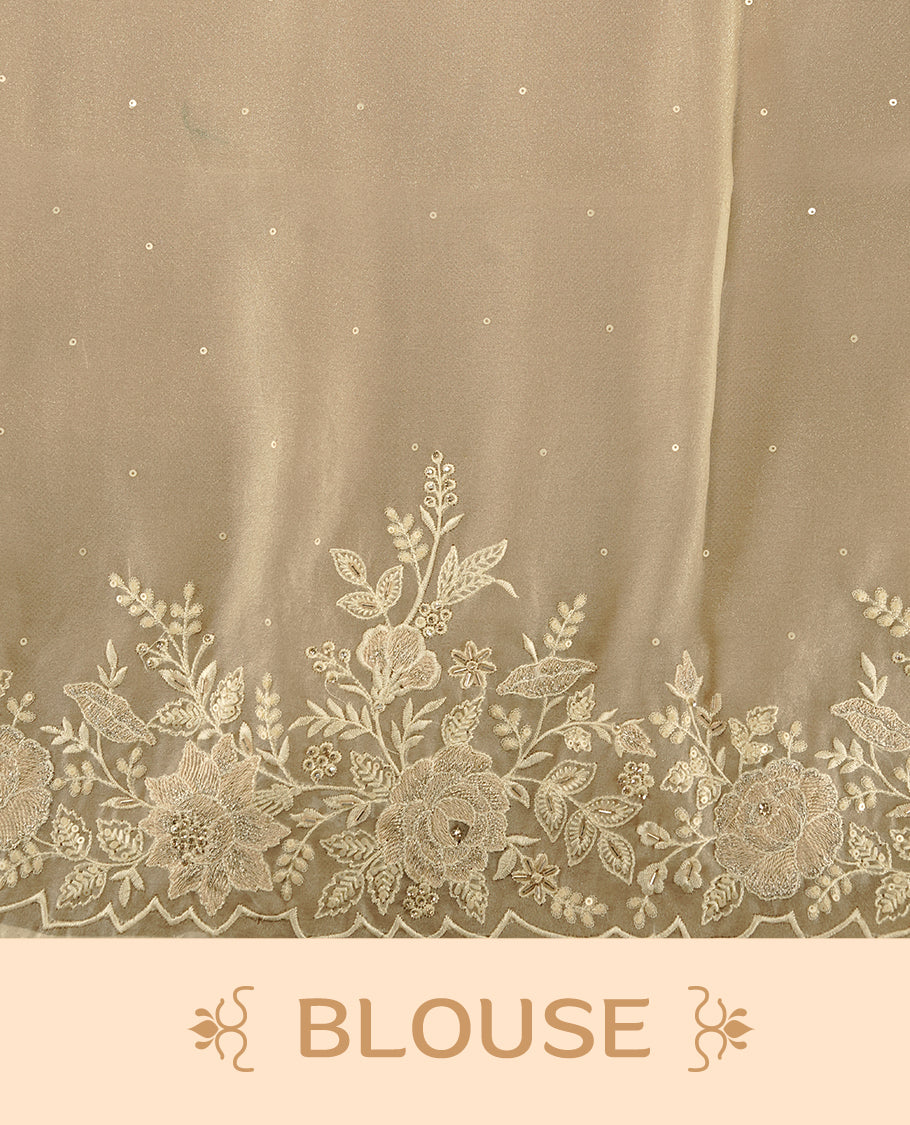 Pastel yellow colour organza saree featuring thread with cut beats & sequins floral pattern on body, highlighting scalp border, paired with matching blouse piece.