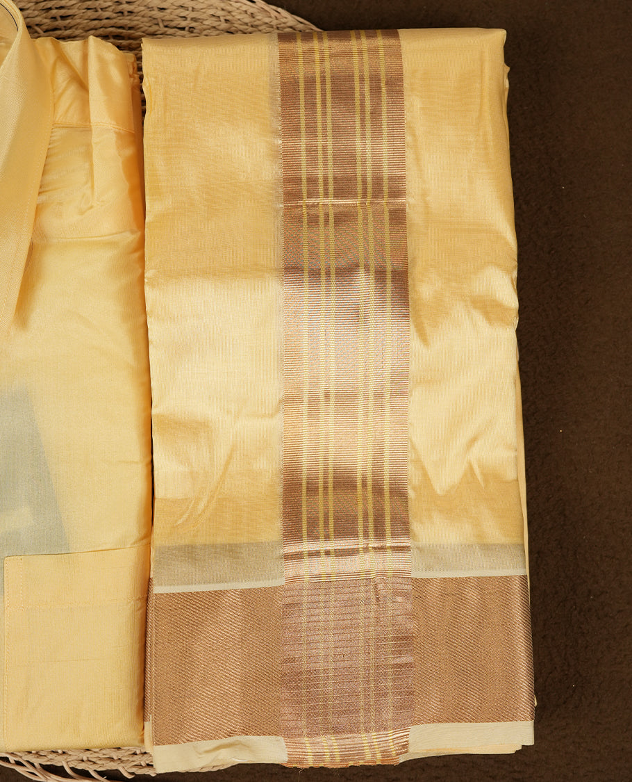 Champ colour Aswin’s wedding set featuring a refined silk shirt and matching dhoti with gold zari detailing, crafted for timeless elegance and perfect for traditional weddings and festive occasions.