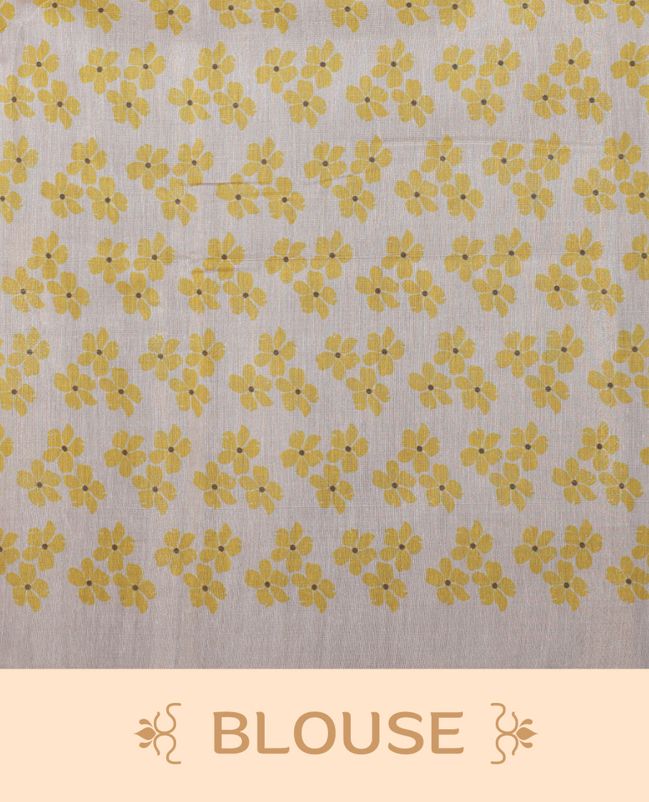 Beige colour Semi tissue saree adorned with Yellow colour digital Bold Floral Design on the body and an elegant pallu & comes with a matching blouse piece