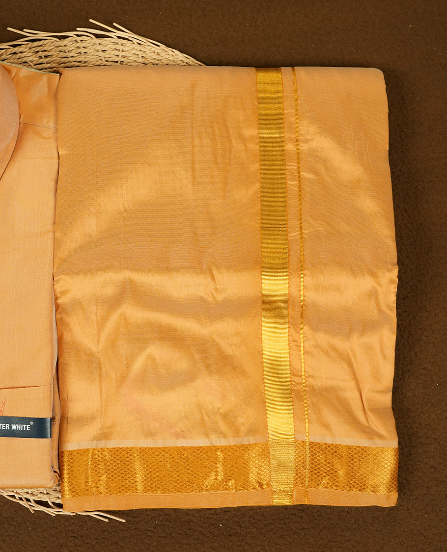 Dark Gold Colour tissue wedding shirt and dhoti set from MINISTER WHITE, adorned with a matching Gold zari border.