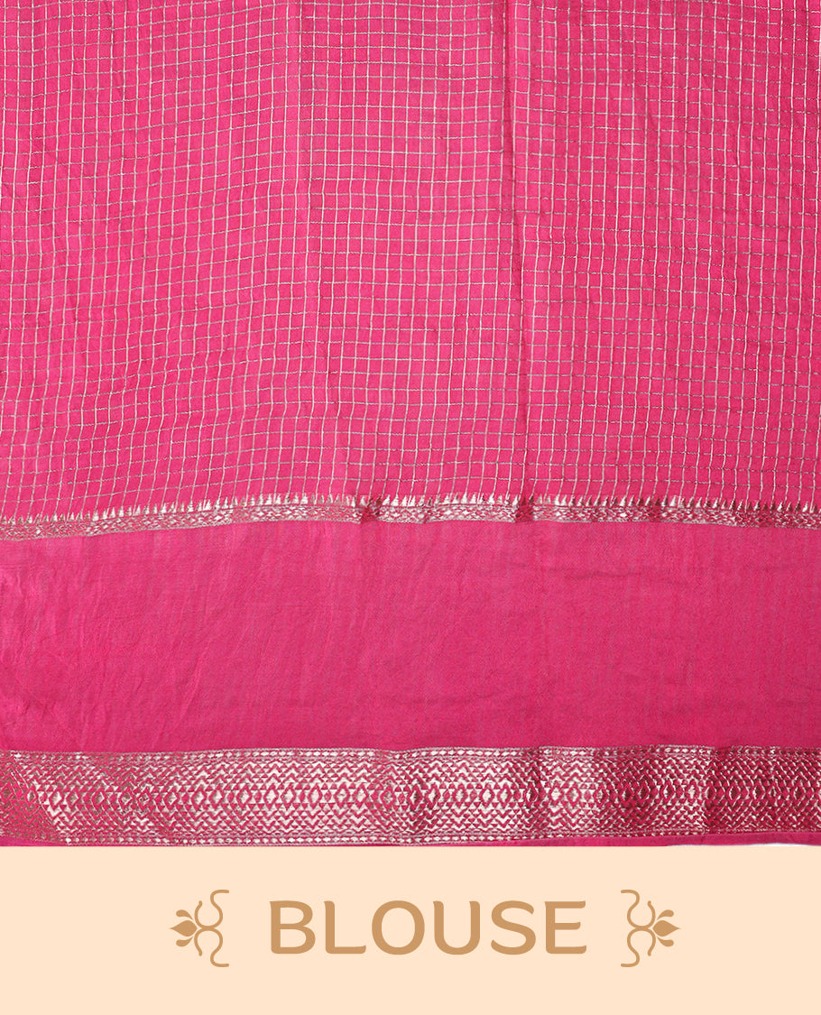 Dark Pink viscose saree featuring subtle checkered patterns and a beautifully embroidered bird motif border, paired with a rich pallu & perfect for festive occasions, celebrations, and elegant gatherings.