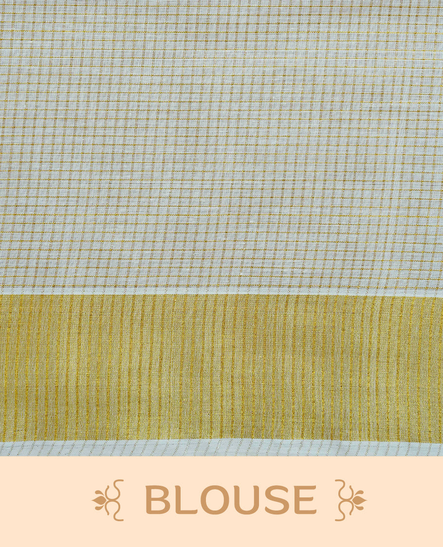 Cream Colour Cotton Kerala Saree Featuring A Golden Checks On Body, Enhanced With A Gold Zari Border, A Traditional Gold Zari Pallu, And A Matching Blouse Piece.
