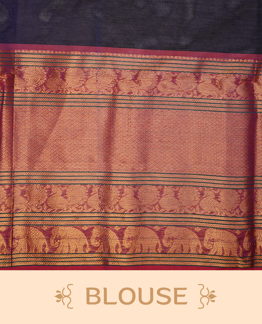 Navy blue colour chettinad cotton saree featuring Elegant plain body, complemented by magenta colour with traditional border, paired with matching blouse piece.