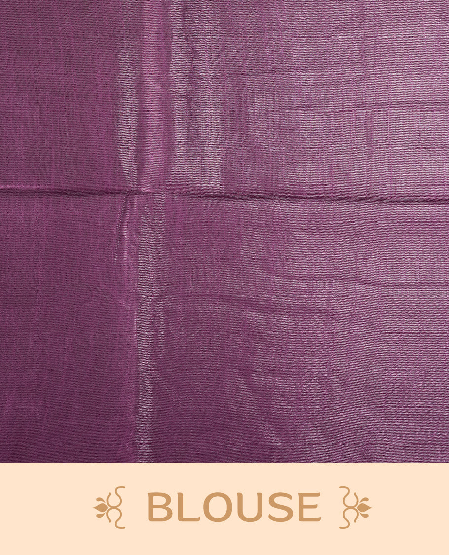 Lavender colour semi jute saree adorned with delicate woven motifs and a subtle sheen, The tassel detailed pallu enhances its charm & Paired with a matching blouse piece for an elegant finish.