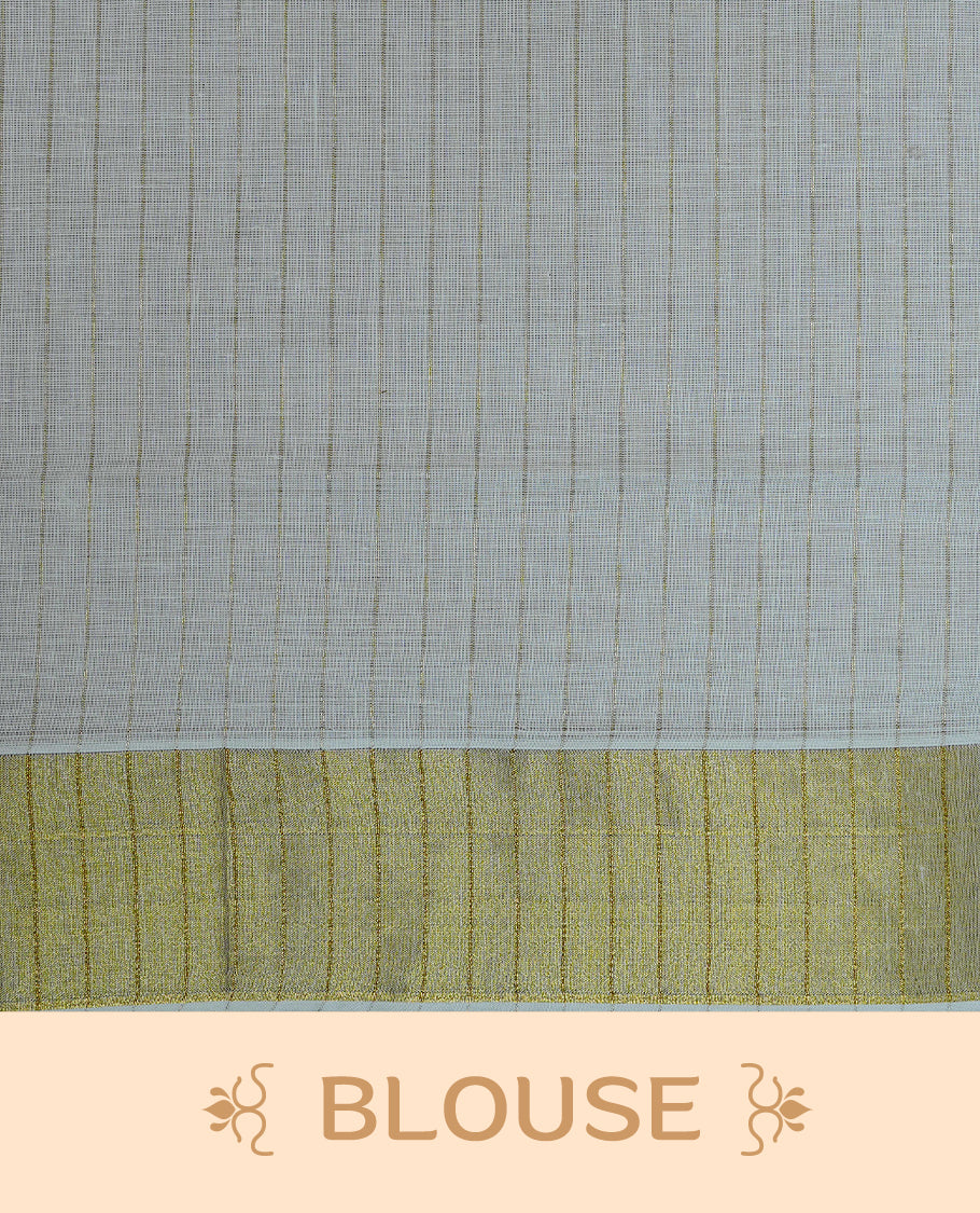 Cream Colour Cotton Kerala Saree Featuring A Light Gold Zari Pattern And Floral Prints On The Body, Enhanced By A Traditional Zari Border And Pallu, Paired With A Matching Blouse Piece