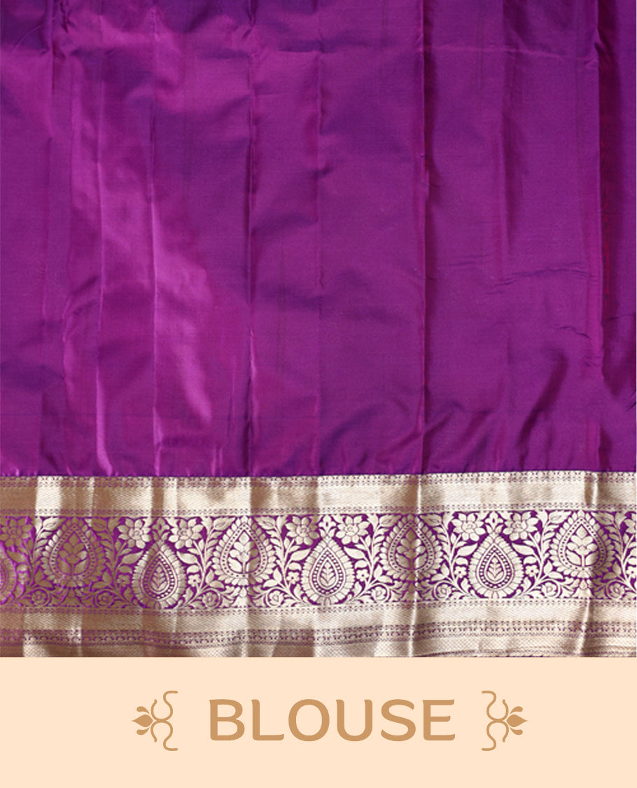 Purple semi silk brocade saree with rich gold zari brocade work all over, complemented by an intricately woven gold border and pallu, Comes with a matching blouse for a grand traditional look.