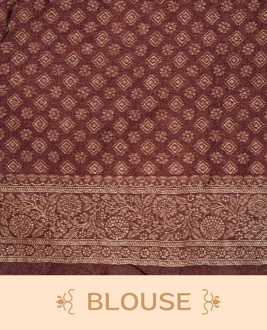 Chocolate brown colour Semi banaras tussar georgette Saree featuring Antique zari motifs on body, enhanced with antique zari border, paired with a matching blouse piece.