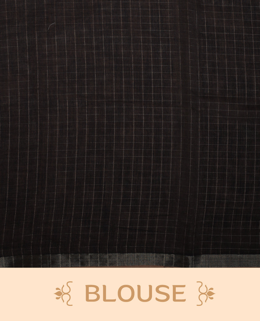 Off white colour Soft cotton saree featuring elegant bird prints along the edges, a stylish checked body, and a beautifully designed black border & Paired with a matching blouse piece.