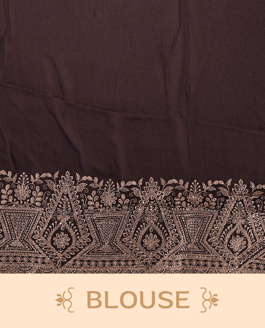Maroon colour georgette designer saree featuring Gold thread floral pattern on body highlighting with stone and scalp border, paired with matching blouse piece.