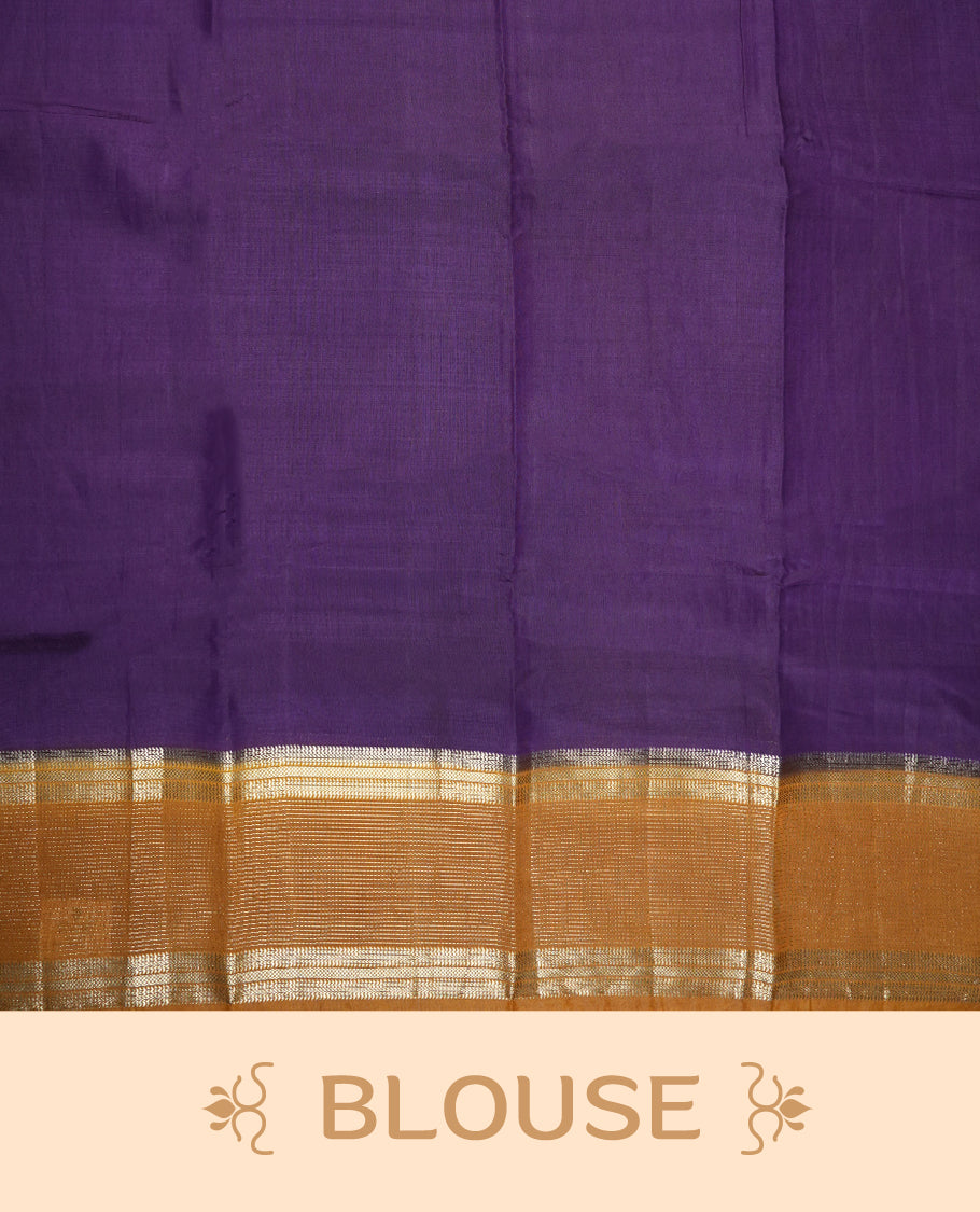 Deep purple colour mixed chanderi cotton saree with plain body, mustard yellow pallu and border with gold zari, and matching mustard blouse.