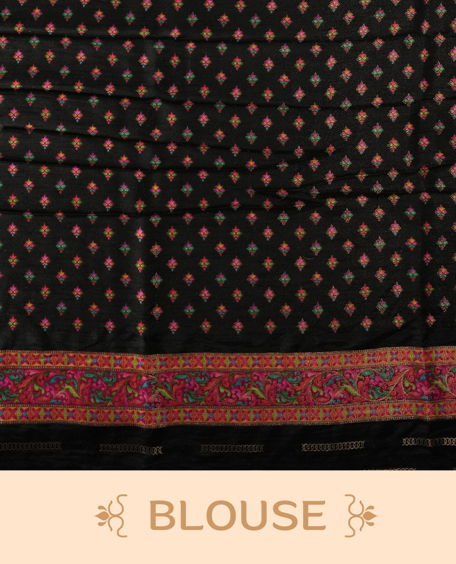 Black Pashmina Silk Saree with Intricate Embroidered Buti Work on Body, Detailed Multicolor Depictions of Royal Processions and Dancers on Vibrant Pink-Green Zari Border & Grand Pallu, Paired with Matching Blouse Piece