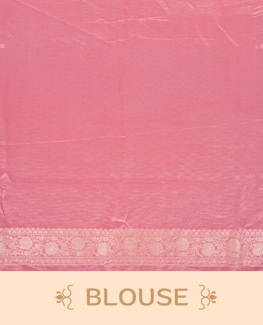 Pink colour banaras satin crepe saree fearturing gold tiny leaf motifs on body, kodi visiri pattern on border & pallu and paired with matching blouse