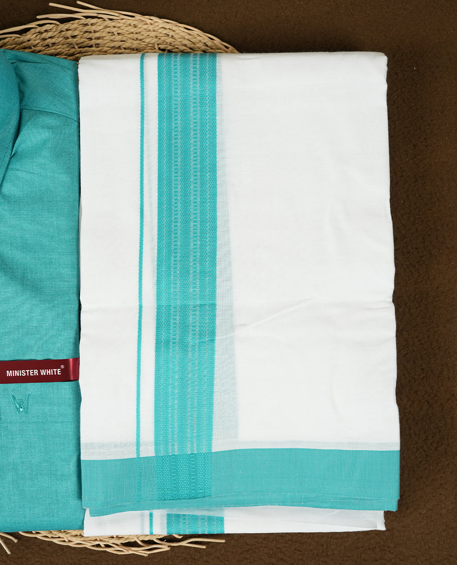 Dark Turquoise colour Minister White traditional men's shirt paired with a matching dhoti with a rose gold border.