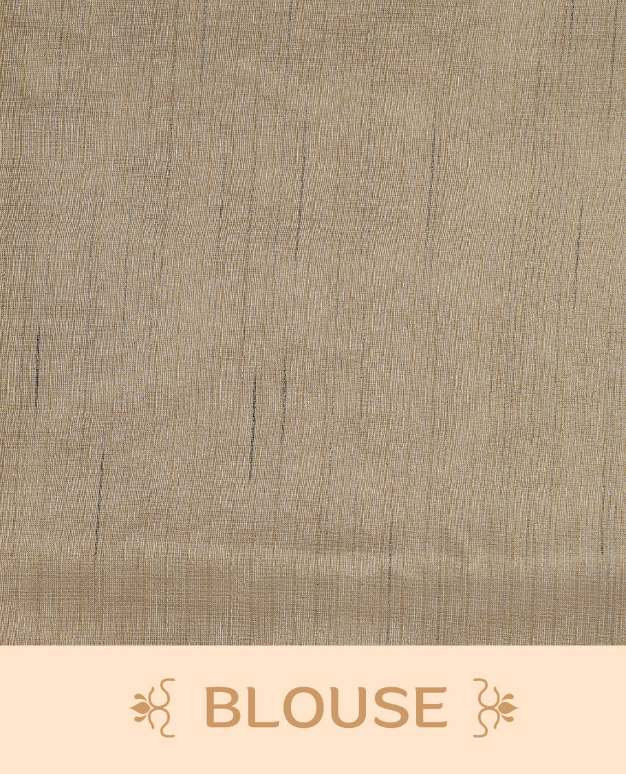 Cream colour Tussar saree featuring Light olive colour Mango pattern with chikankari embroidery work, highlighting gold zari simple border, paired with matching unstitched blouse.