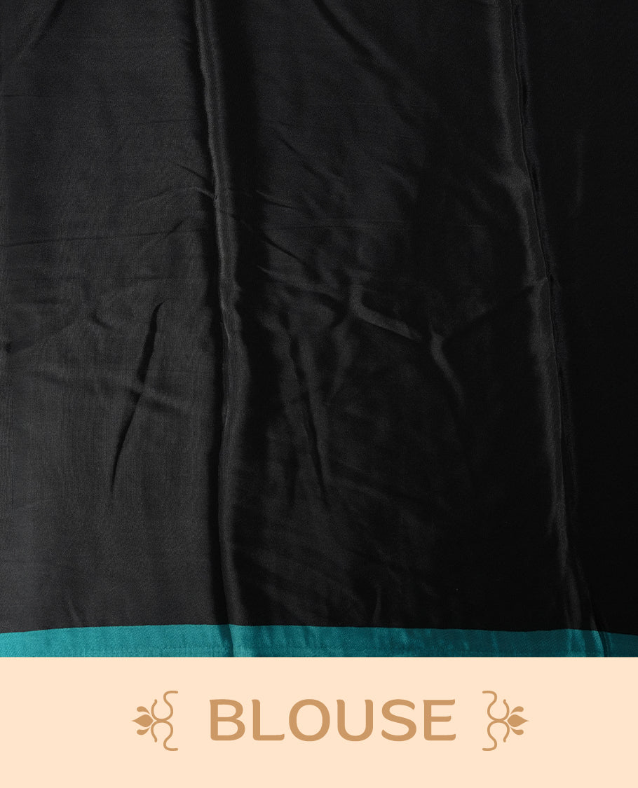 Ivory white colour saree with bold black polka dots and fine stripe detailing, elevated by a vibrant teal border & The striking pallu design adds charm. Lightweight and elegant, paired with matching blouse.