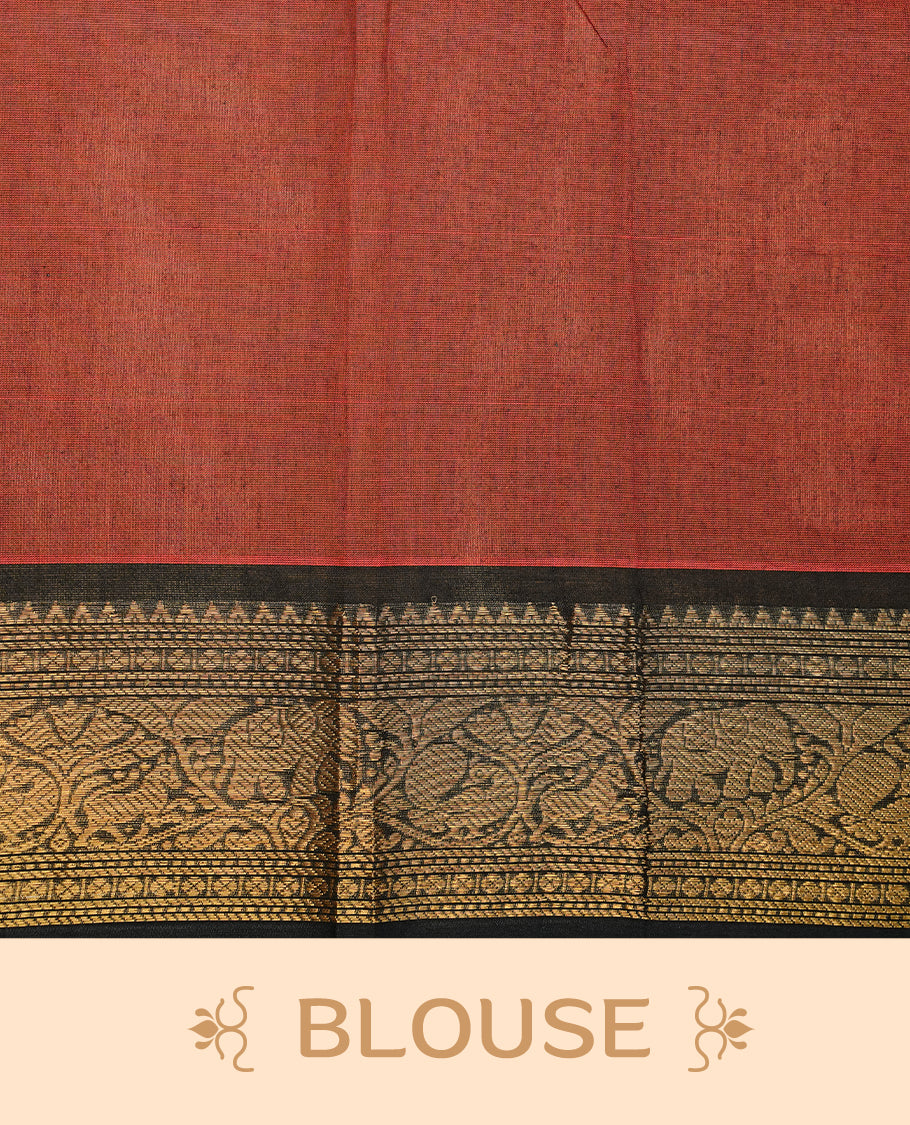 Dark red colour chettinad cotton saree featuring gold zari motifs on body, complemented by black colour with zari border, paired with matching blouse piece.