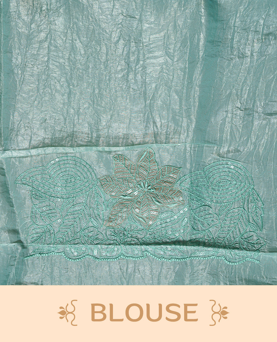 Pastel Green colour Crush Organza Featuring Plain body, Enrich with Floral thread pattern with sequins & scalp border, paired with matching blouse piece.