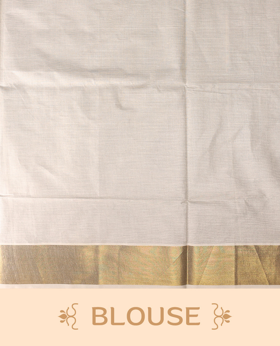 Elegant Kerala Kasavu saree with a golden border and intricately woven pallu, The ivory base adds a touch of grace, perfect for festive occasions, Style with a contrast blouse for a timeless traditional look.