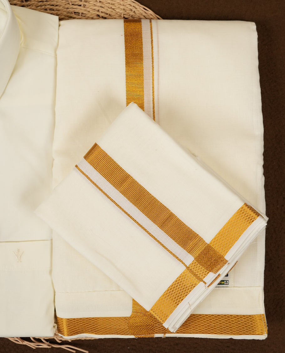 RAMRAJ Cream Colour shirt paired with a matching dhoti and towel, all elegantly finished with a gold border.