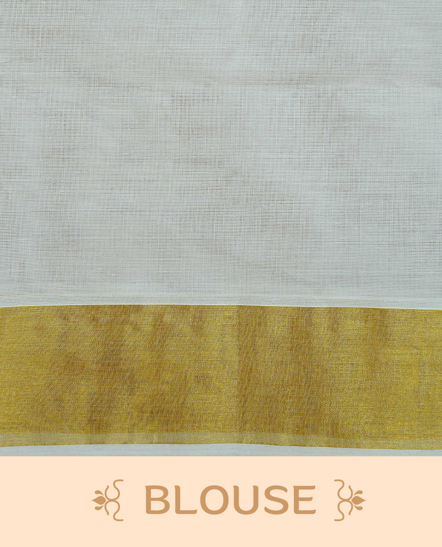 Cream Colour Cotton Kerala Saree Featuring Delicate Gold Mango Motifs Across The Body, Enhanced With A Traditional Gold Zari Border, A Gold Mango & Striped Gold Zari Pallu, Finished With A Matching Blouse Piece