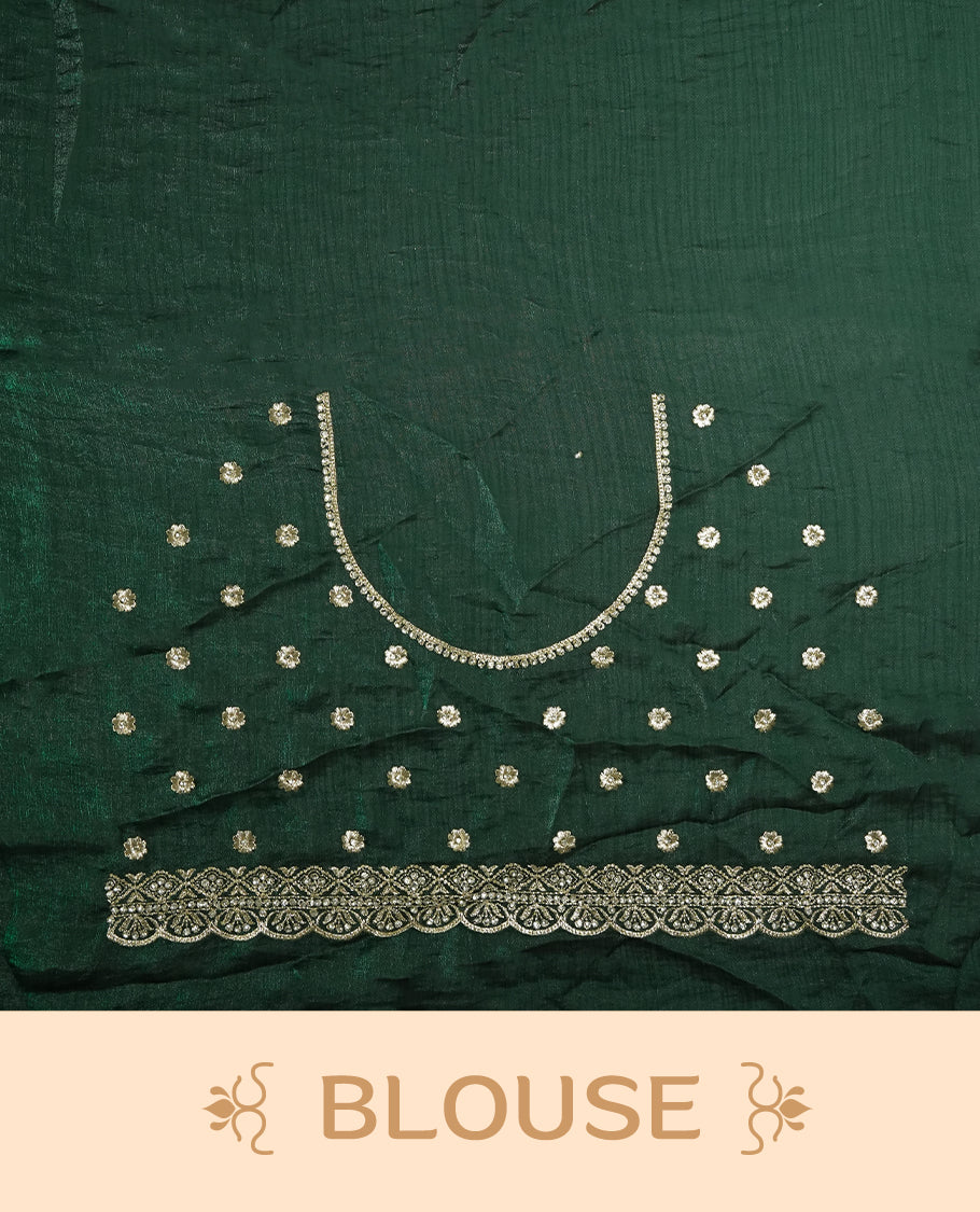 Royal Green colour velvet chiffon designer saree in elegant two tone shades, featuring light gold zari, kodi work with handwoven style thread aari & dori embroidery work, Swarovski stone work and all over motifs, comes with matching blouse.