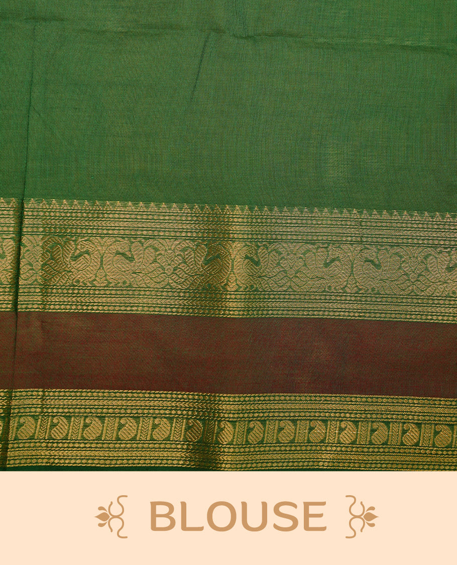 Green colour chettinad cotton saree featuring gold zari stripes on body, highlighting Mixed red colour with zari border, paired with matching blouse piece.