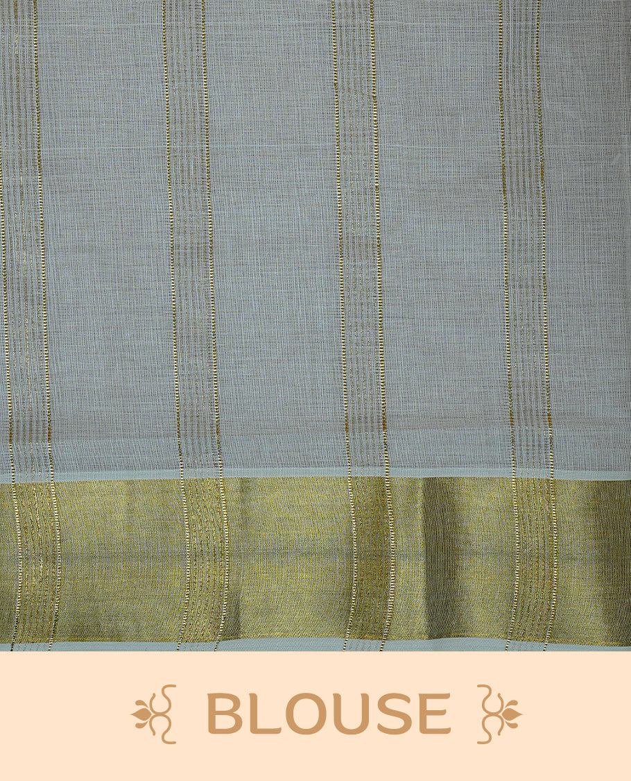 Cream Colour Cotton Kerala Sree Featuring Gold Zari Stripes On Body, Enrich Gold Zari With Floral Printed Border & Pallu, Paired With Matching Blouse Piece.
