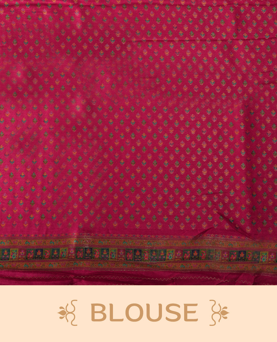 Black Pashmina Silk Saree with Plain Body, Adorned with Multicolor Paisley and Floral Motifs on Vibrant Pink-Green Zari Border & Grand Pallu, Paired with Matching Blouse Piece