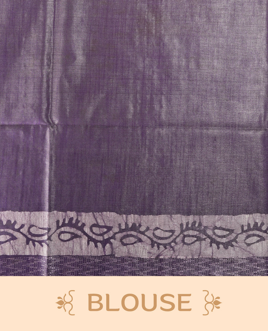 Lavender semi jute tissue saree adorned with elegant white floral motifs all over the body, paired with a beautifully woven pallu and patterned borders & Comes with a matching blouse piece.