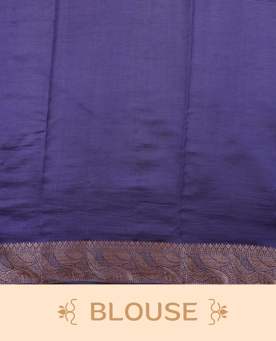 Cream beige Banaras soft silk saree with gold Floral motifs on body, with contrast Blue colour floral pattern on pallu, border, and Matching blouse.