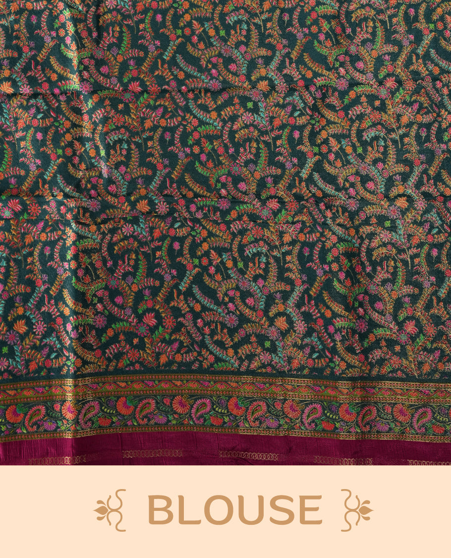 Plum Purple Pashmina Silk Saree with Plain Body, Intricate Multicolor Embroidered Paisley and Floral Motifs on Contrasting Green-Pink Zari Border & Pallu, Paired with Matching Blouse Piece