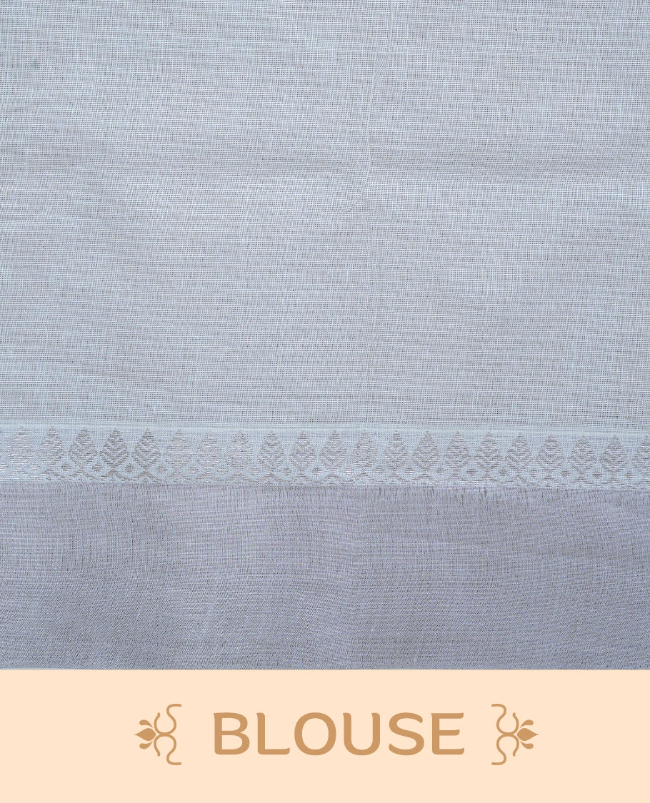 Cream Cotton Kerala Saree with Rose Gold Zari Duck Motifs, Rose Gold Zari Duck Pattern Border and Pallu, Paired with a Matching Blouse Piece.