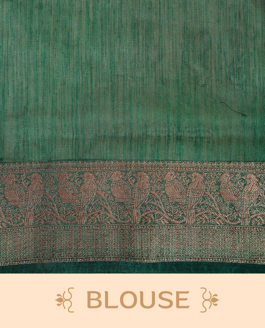 Yellow colour Semi linen saree featuring Elegant plain body, complemented by contrast Green colour With Antique zari border, paired with matching blouse piece.