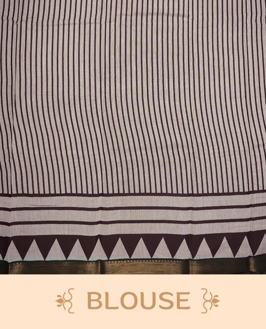 Off white and brown colour mixed chanderi cotton saree with vertical striped body, brown and off-white triangle geometric border, golden zari border, and matching brown blouse.
