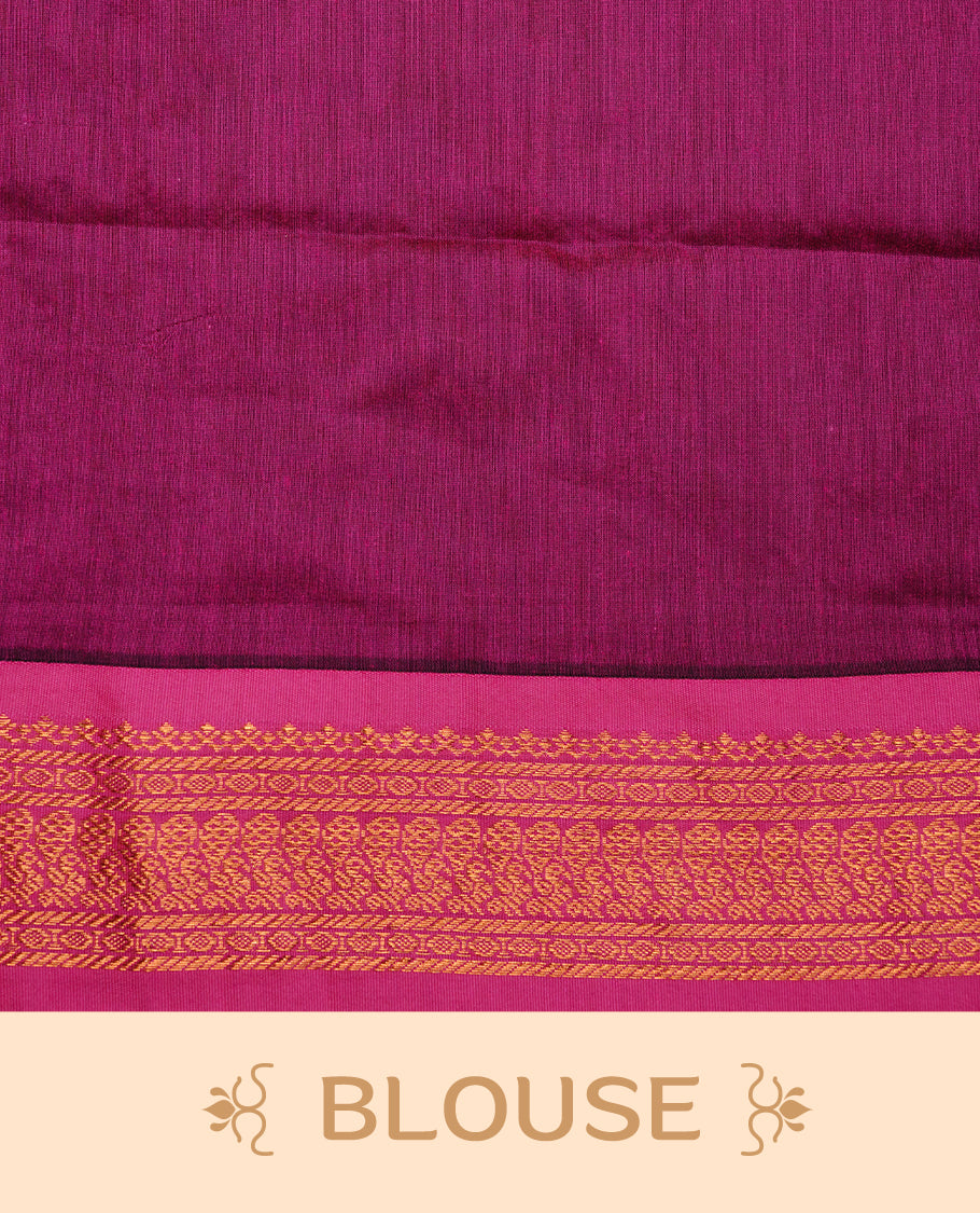 Black colour kalyani cotton saree featuring gold zari motifs on body, highlighting contrast Magenta colour with Antique gold zari border, paired with matching blouse piece.