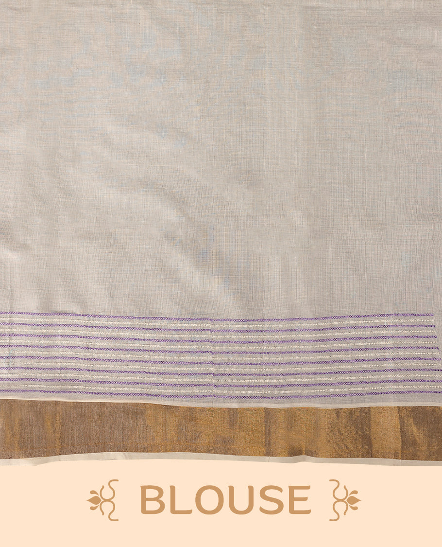Elegant off white colour cotton Kerala saree featuring lavender colour Thread detailing on body, gold zari traditional kasavu border, Paired with matching blouse offering a classic and graceful look