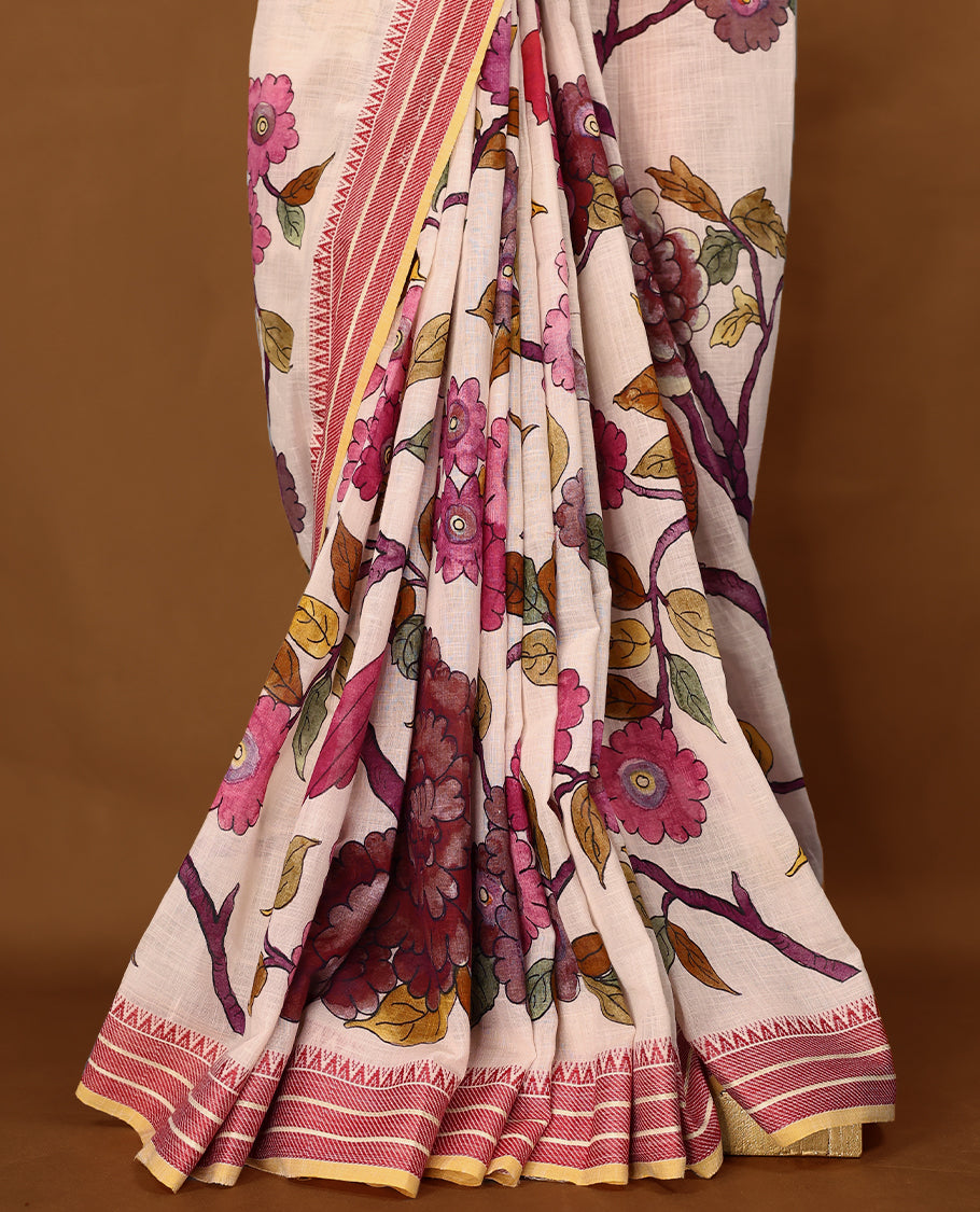 Off-white Colour lightweight khadi cotton saree featuring earthy-coloured digital floral kodi prints on the body and pallu, paired with a matching blouse.