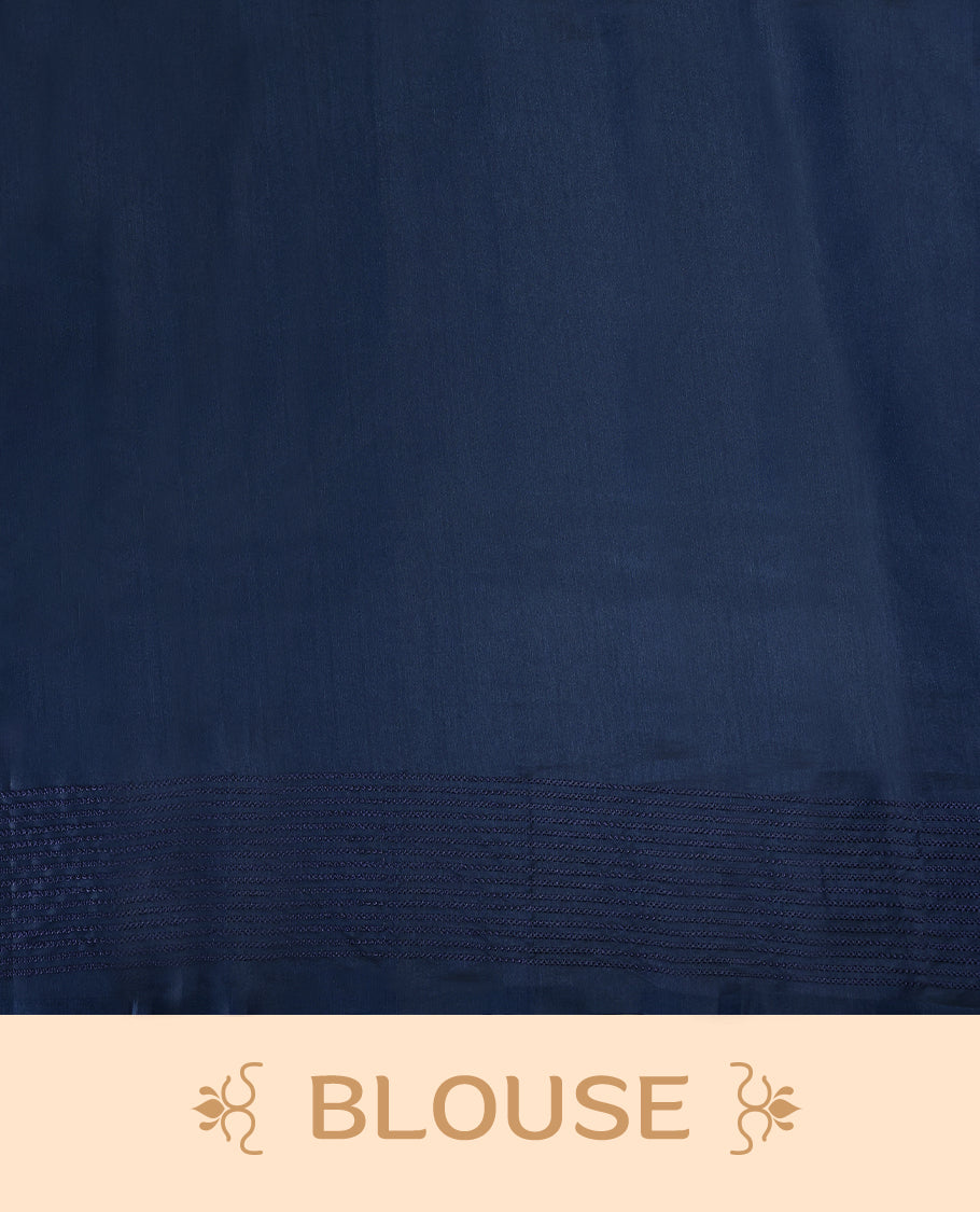 Elegant off white colour cotton Kerala saree featuring Blue colour Thread detailing on body, gold zari traditional kasavu border, Paired with matching blouse offering a classic and graceful look, paired with a matching blouse.