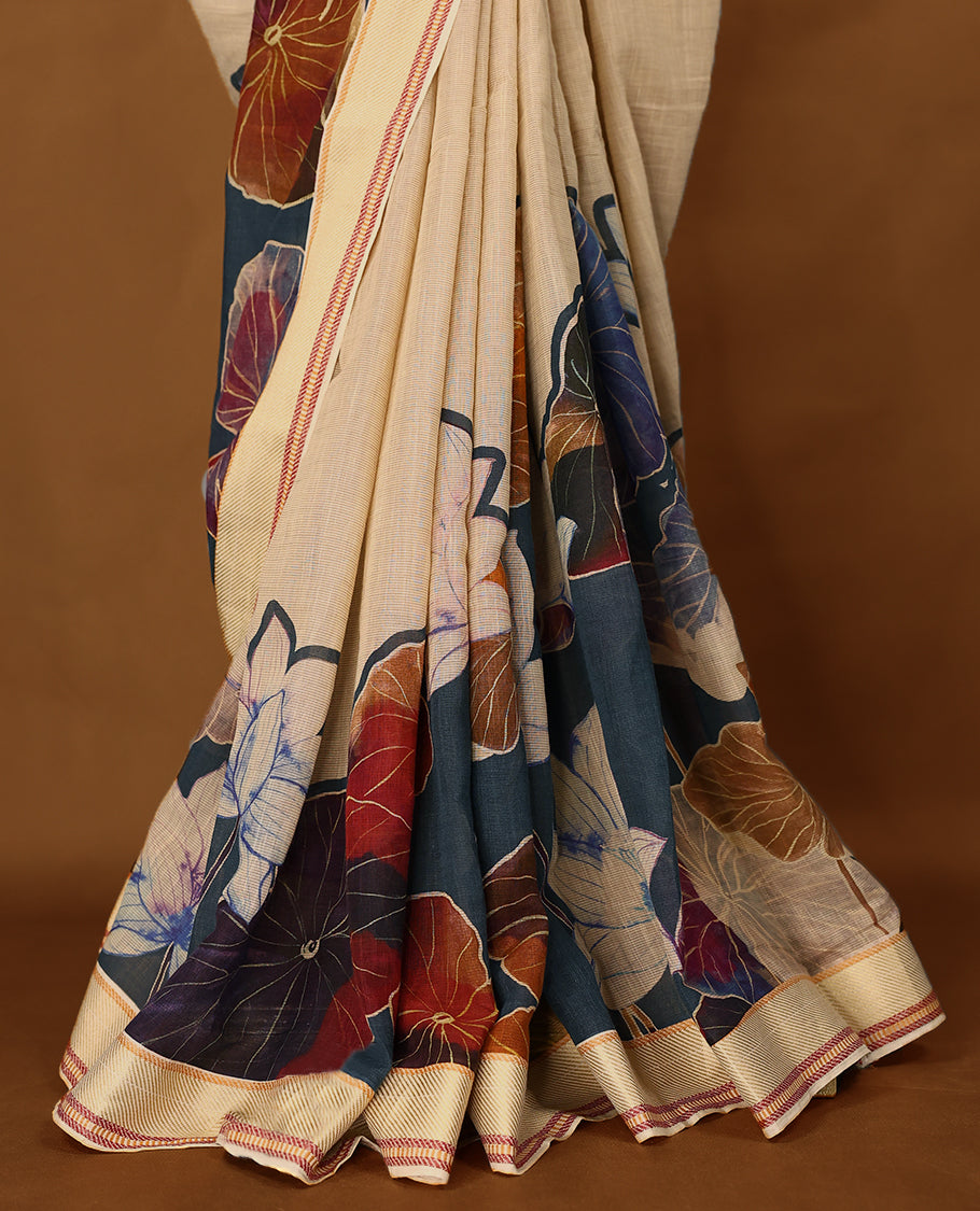 Beige and Aegean Blue Colour lightweight khadi cotton saree with earthy-coloured digital floral prints on the Body and pallu, paired with a matching blouse.