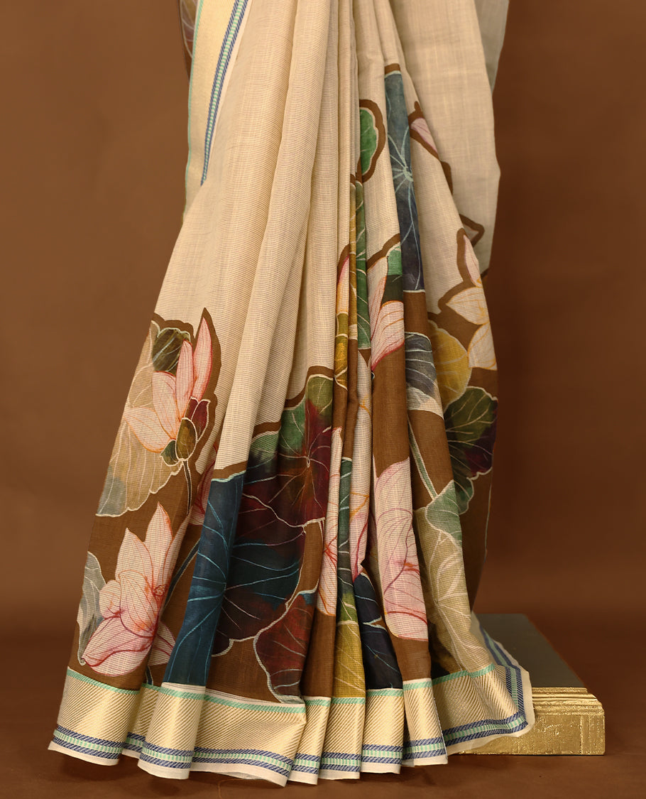 Beige and Brown Colour lightweight khadi cotton saree with earthy-coloured digital floral prints on the Body and pallu, paired with a matching blouse.