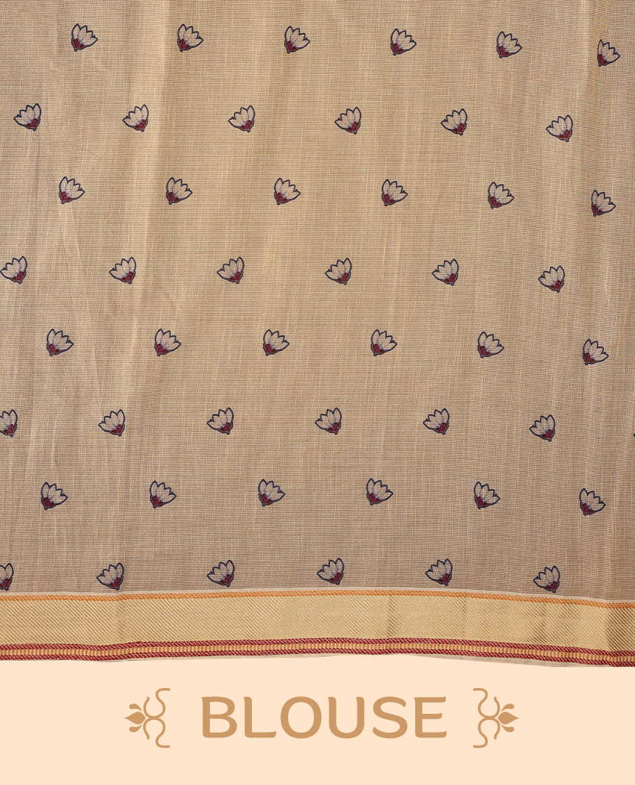 Beige and Aegean Blue Colour lightweight khadi cotton saree with earthy-coloured digital floral prints on the Body and pallu, paired with a matching blouse.